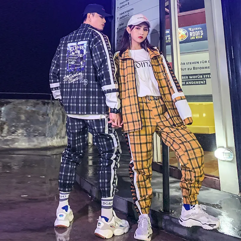 

Plaid Coat Jacket Spring Hip Hop Street Dance Men's Sets Two-piece Set Plaid Printed Loose Suit Couple Clothes Fashion Tracksuit