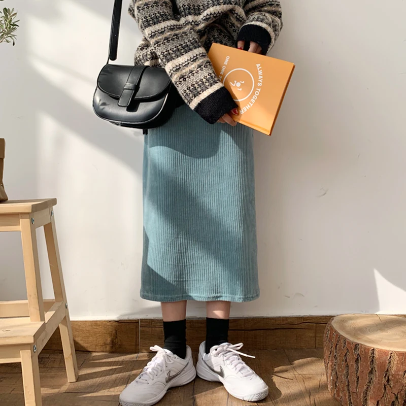 Женская Вельветовая юбка с Боковым Разрезом и высокой талией трапециевидная