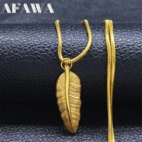 punk leaf stainless steel pendant necklace women gold color feather chain necklaces jewelry bijoux acier inoxydable ny82s02
