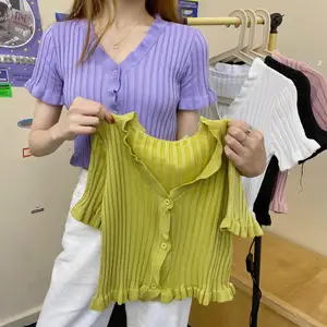 Женский вязаный кардиган с оборками, укороченный свитер с коротким рукавом, тонкий милый укороченный топ выше пупка, на лето