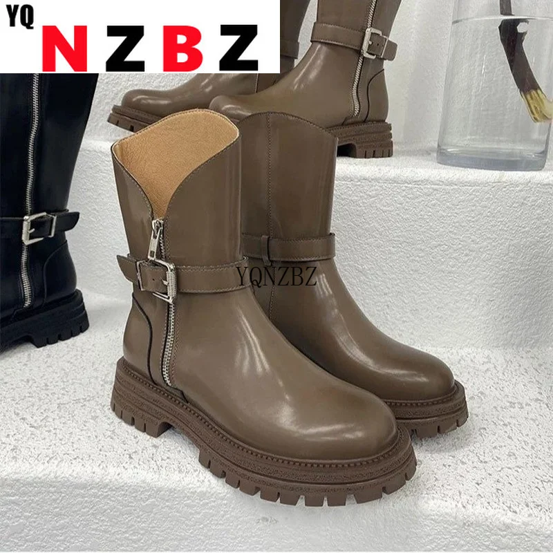 

2022 Fashion Mid Calf Chelsea Boots Autumn Winter Women Round Toe Platform Shoes Female Zippers Shoes New Ladies Western Boots