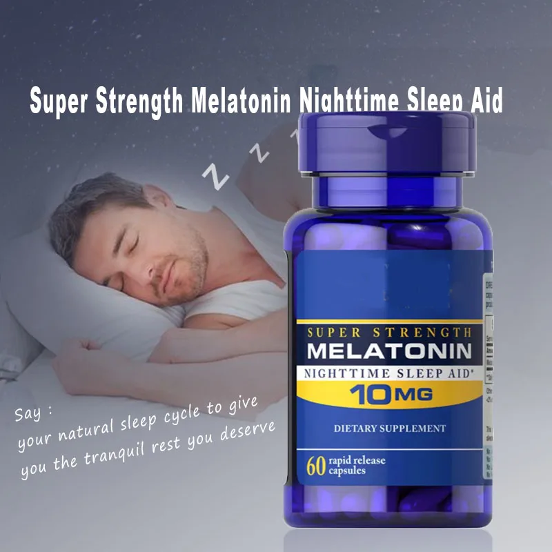 

Super Strength Melatonin Nighttime Sleep Aid 10mg*60 Caps /Bottle Help Deep Sleep Save Insomnia Improve Sleep For Adult