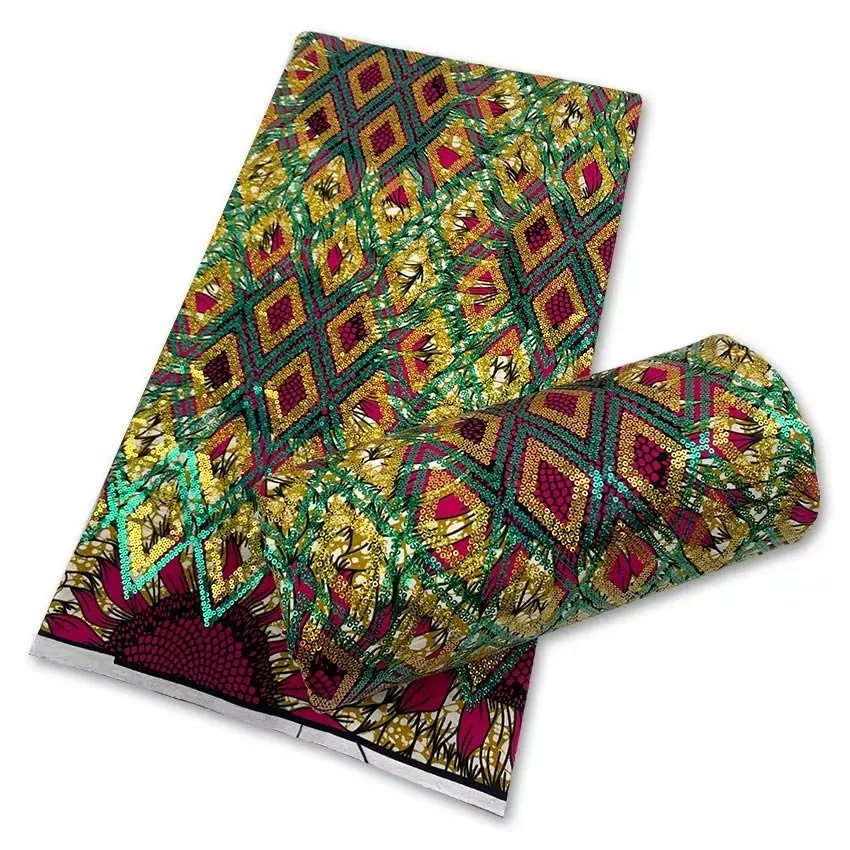 

2021 Best Quality Nigerian 100%Cotton African Sequins Wax Fabric Soft Print Ankara Materials 6Yards Tissu Sewing Lady Dress F9-1