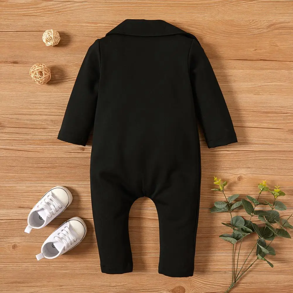 PatPat New Spring And Autumn Baby Gentleman Solid Jumpsuit for Baby Boy Bodysuits Clothes Solid Big Lapel Long-sleeve Jumpsuit