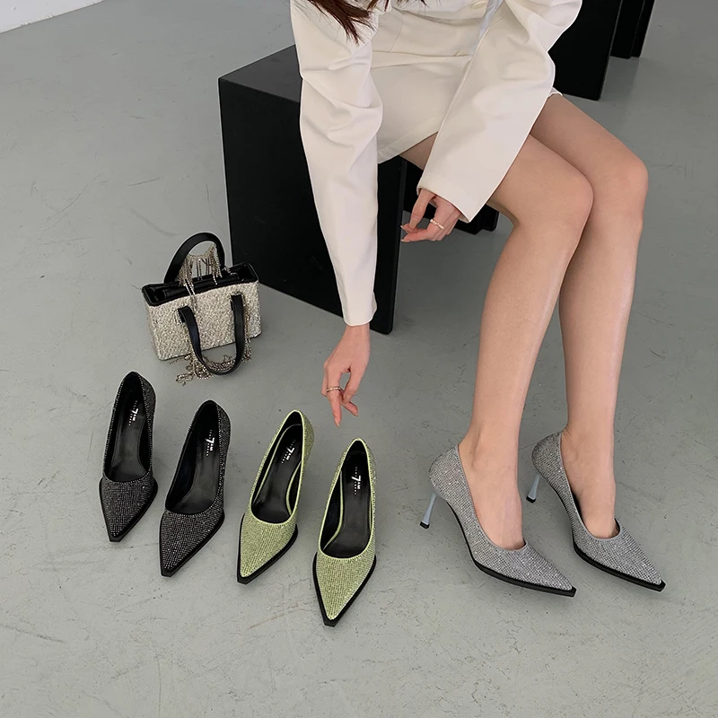 Женские туфли без задника зеленые или серые туфли-лодочки с острым носком