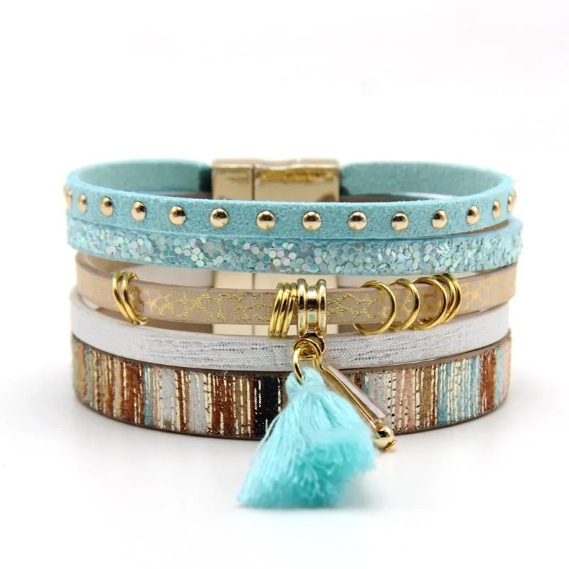 

European And American Pop Bohemian Style Leather Rope Bracelet Mixed With Tassel Magnet Buckle For Women