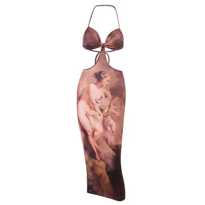 

YICIYA Vintage Print Dresses Female Beach Club Streetwear New Women Sundress Sexy Hollow Out Camisole Slim Backless Bandage