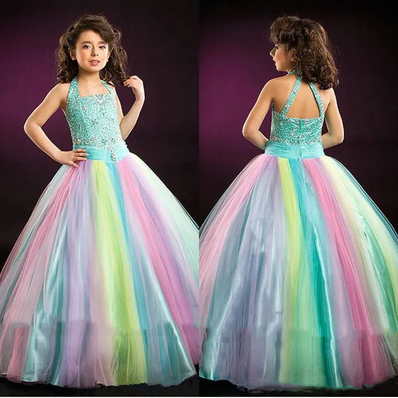 

Rainbow Glitz flower Girls dress Pageant Dresses ball gown Halter Neck Crystal Kids Ball Gowns Floor Length Teens Prom Dress