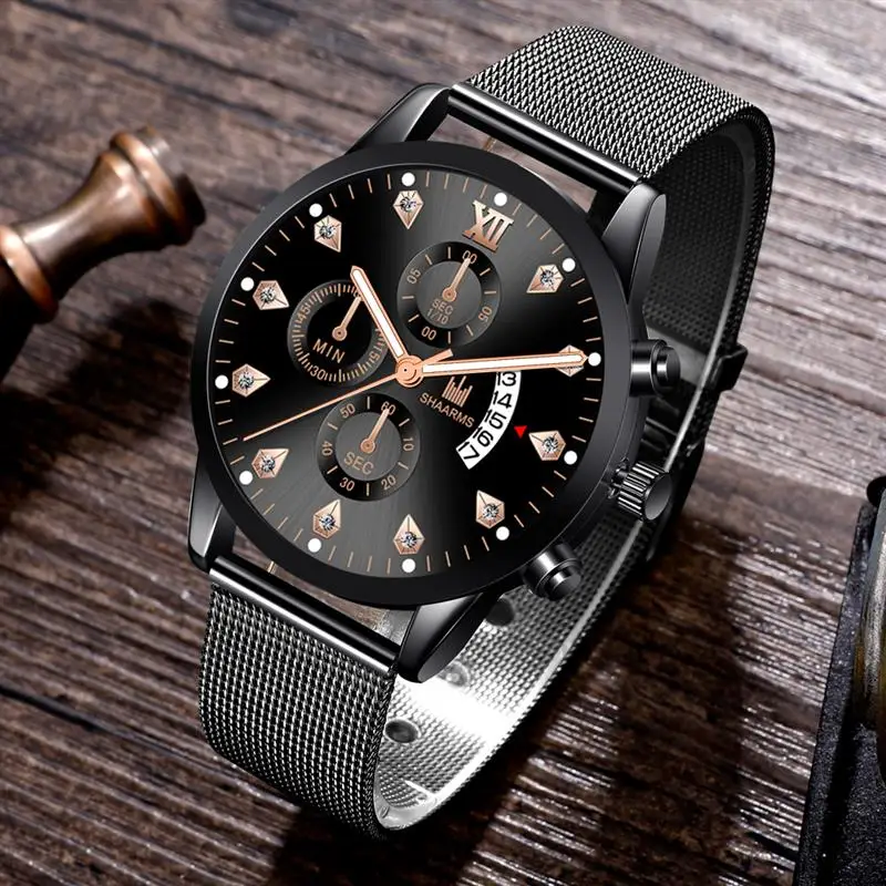 SHAARMS Классические кварцевые часы с сетчатым ремешком из нержавеющей стали