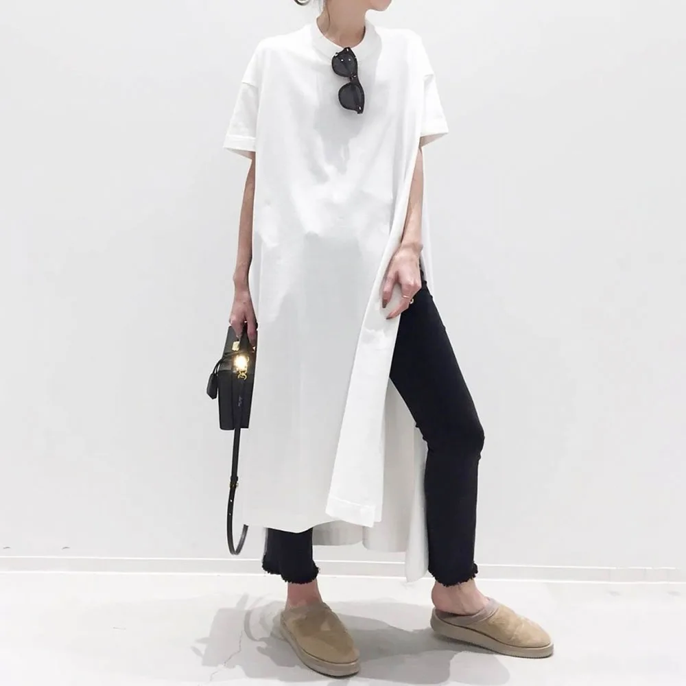 

Женское платье макси с коротким рукавом и разрезом, повседневное простое платье-пуловер со стандартной талией, 2021