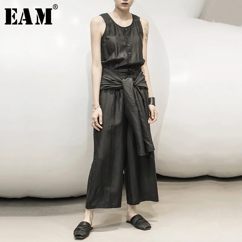 

[EAM] Loose Fit Women Bandage Ways Wear Long Jumpsuit New High Waist Pocket Stitch Pants Fashion Tide Spring Summer 2021 1Y356