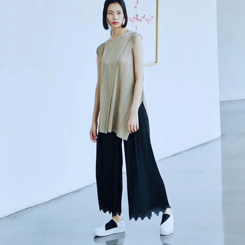 HOT SELLING  Miyake Fashion fine fold Narrow side straight leg pants long  pants wide leg pants IN STOCK