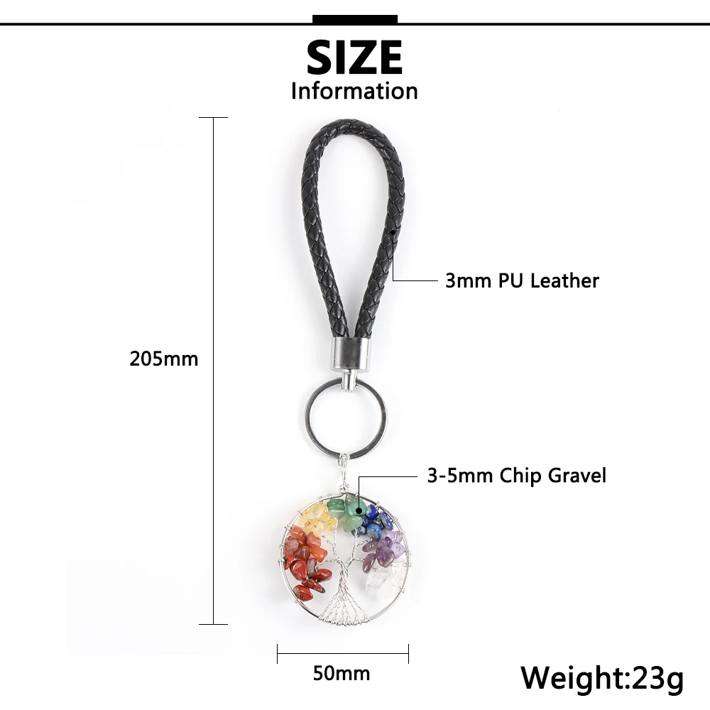 

Unisex Men Women Reiki 5cm Big Round 7 Chakra Tree Of Life Pendant Keychain Vintage Leather Silver Color Key Chain Ring