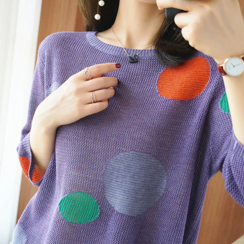 

Knitted pullover women's half-sleeved polka dot loose knit tops spring casual women's sweaters 2021 women's new tops