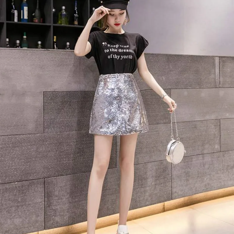 Neoploe/Корейская юбка с высокой талией и блестками на бедрах однотонная облегающая