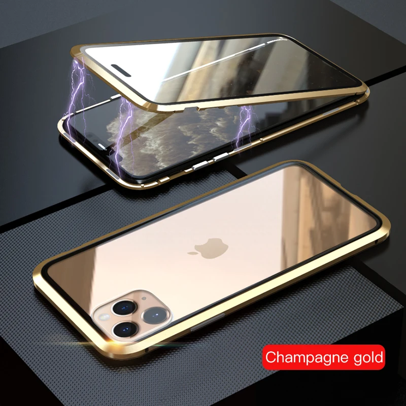 Gold LUPHIE, Магнитный чехол на 360 градусов для iPhone 11 Pro Max, чехол, передний и задний стеклянный чехол для iPhone 11 pro Max, Магнитный чехол - Цвет: Gold