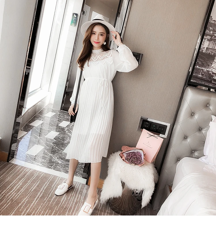 Envsoll Spring Autumn Maternity Dress Mom Long-sleeved Lace Pleated Chiffon Dress Maternity Clothes For Pregnant Women