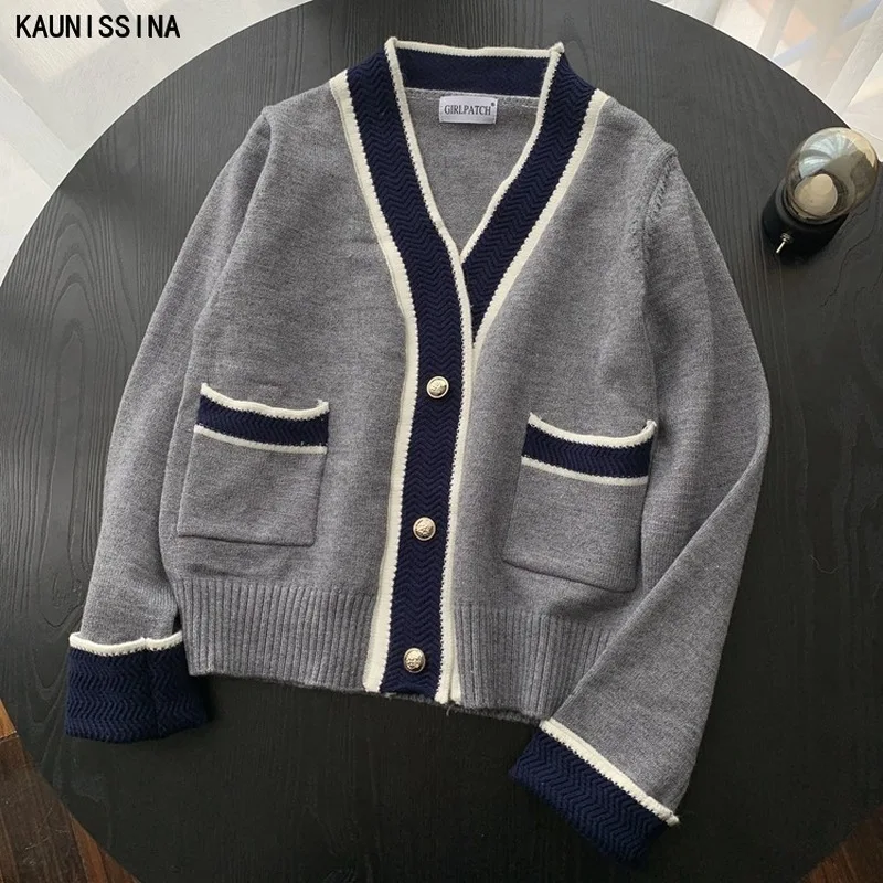 

Женский трикотажный кардиган в полоску, однобортный короткий свитер в английском стиле с V-образным вырезом, весна-осень