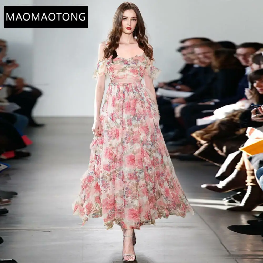 

2021 Bohemia Vacation Long Dresses Women's Summer Mesh Sexy Spaghetti Strap Floral Print Elegant Maxi Party Dress