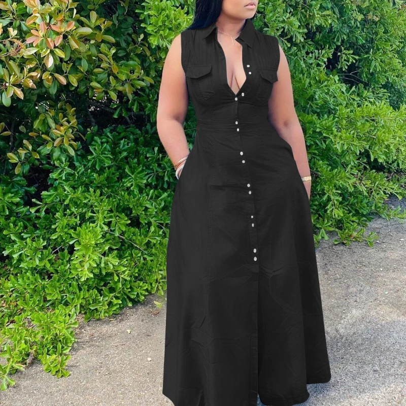 

Blue Long Dress Plus Size 4XL 5XL Sleeveless High Waist Button Up Tank A Line Dresses with Pocket Causal Office for Ladies New