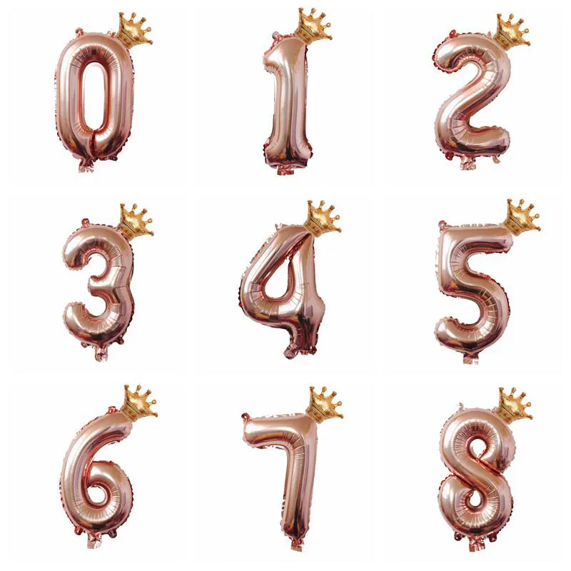 

32Inch Rose gold Crown Number Foil Balloons Happy Birthday Party Decorations Kids Digit Air Globos Figure Balloon Wedding Decor