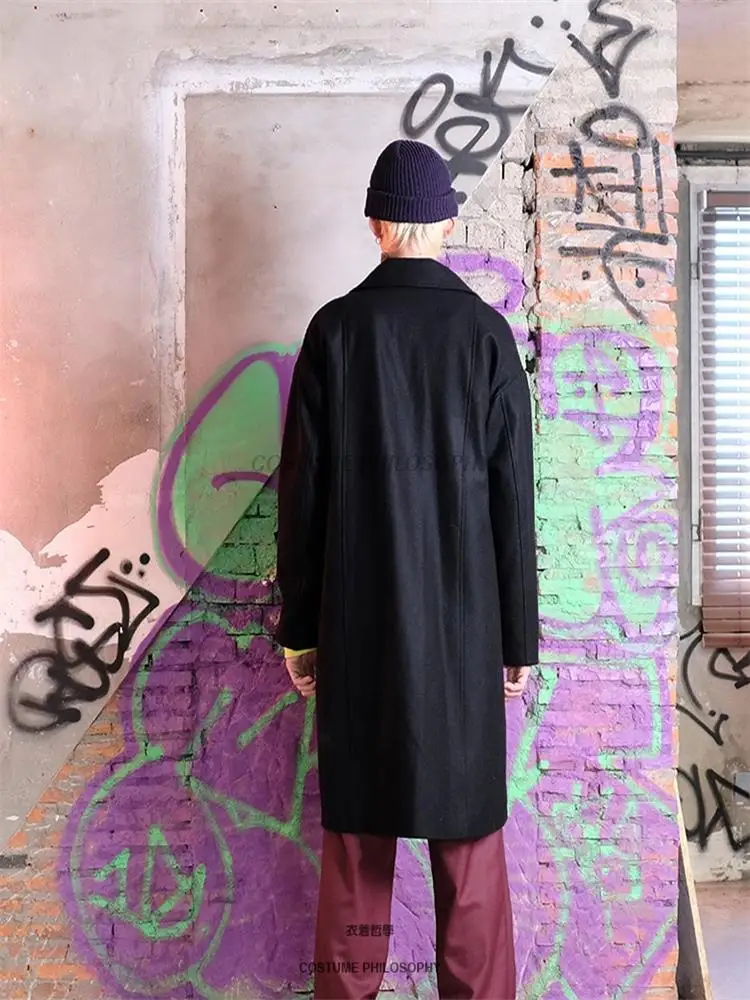 Men's woolen coat autumn and winter mid-length black stitching | Мужская одежда