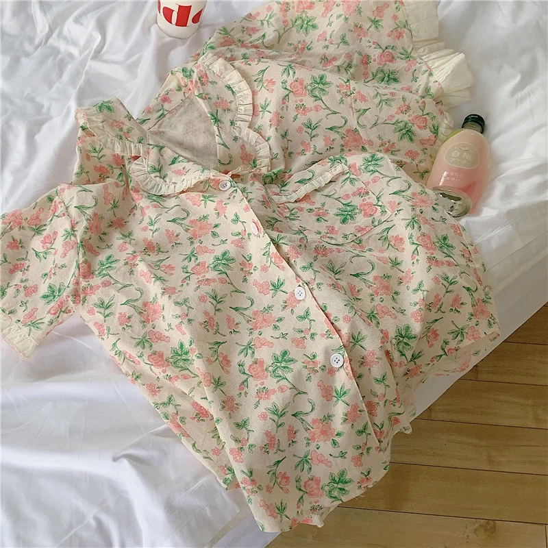 

Marple ruffles floral print pajama set women home suit sleepwear cute shirts tops shorts 2 piece set homewear suit sleepwear