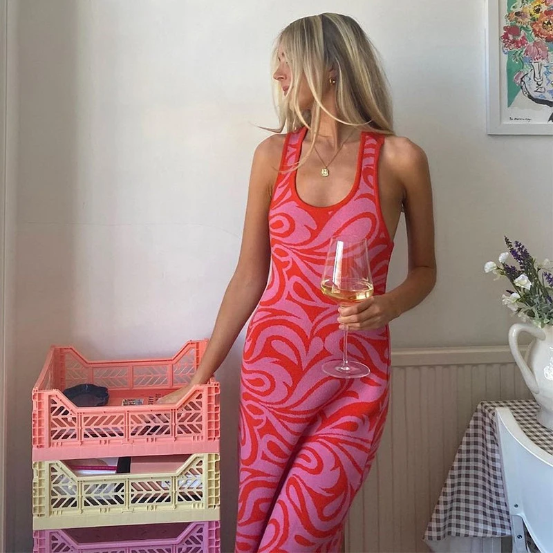 Платье женское длинное без рукавов трикотажное платье-футляр с принтом Дамаск