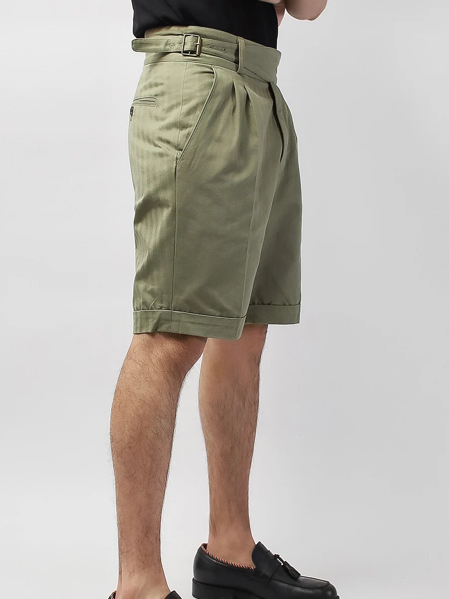 Military Green Kuoerga Shorts Fishbone Pattern Pure Cotton Retro Capris Military Work Style Casual Military Pants Men's Pants