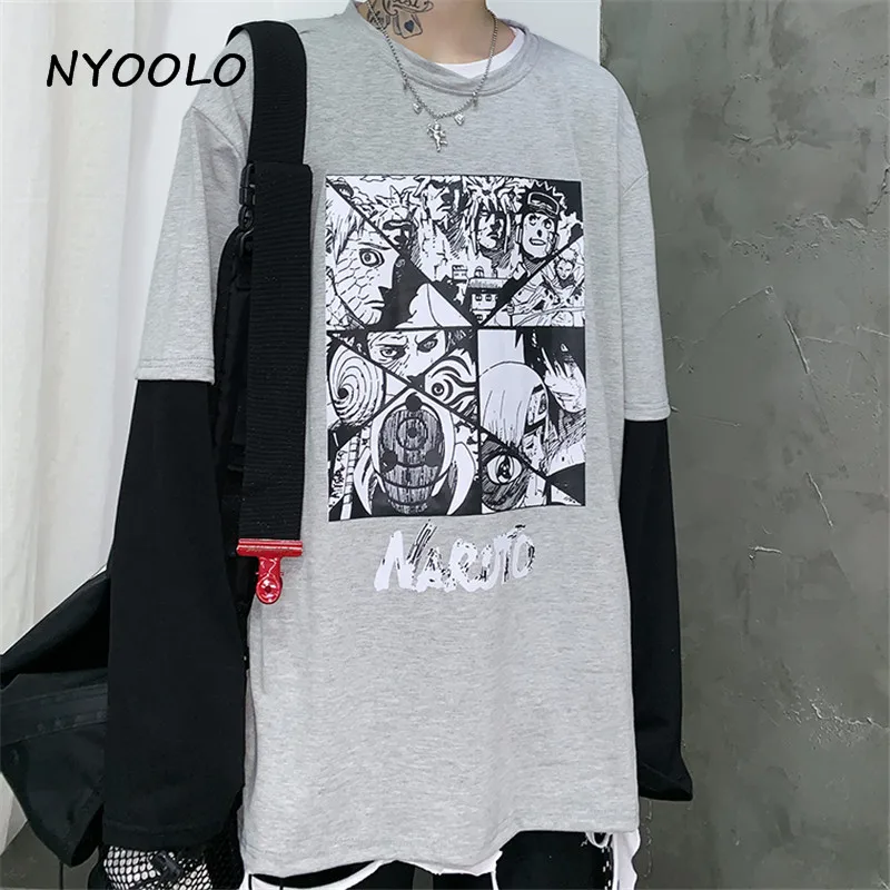 NYOOLO Harajuku Винтаж Наруто с буквенным принтом поддельные 2 шт. Лоскутная футболка осень уличная одежда с длинным рукавом Футболка для женщин и мужчин - Цвет: Серый