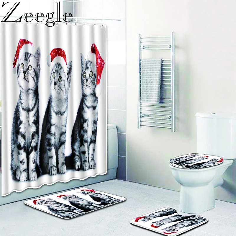 

Zeegle 4 предмета в комплекте; Комплект из двух предметов Кошка Душ Шторы коврик для ванной Ванная комната Туалет тормозных колодок анти-скольж...