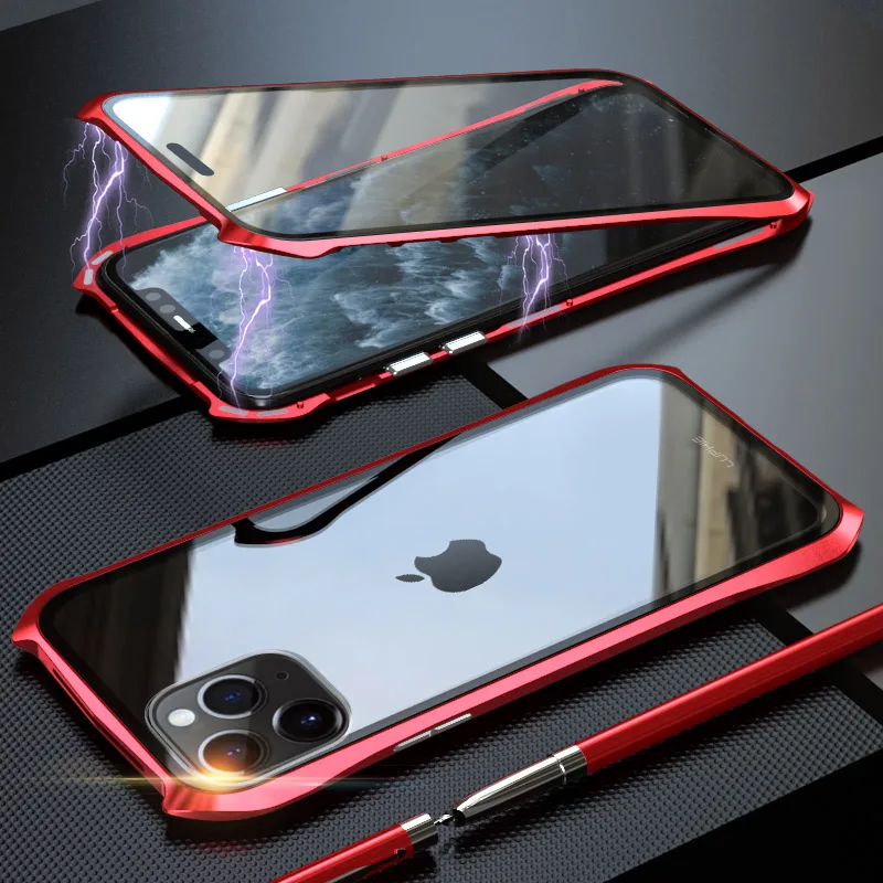 Красный Для iPhone 11 Pro Max 11 чехол, стиль летучая мышь тонкая металлическая рамка, взрывозащищенный чехол из закаленного стекла с магнитной адсорбцией - Цвет: Красный