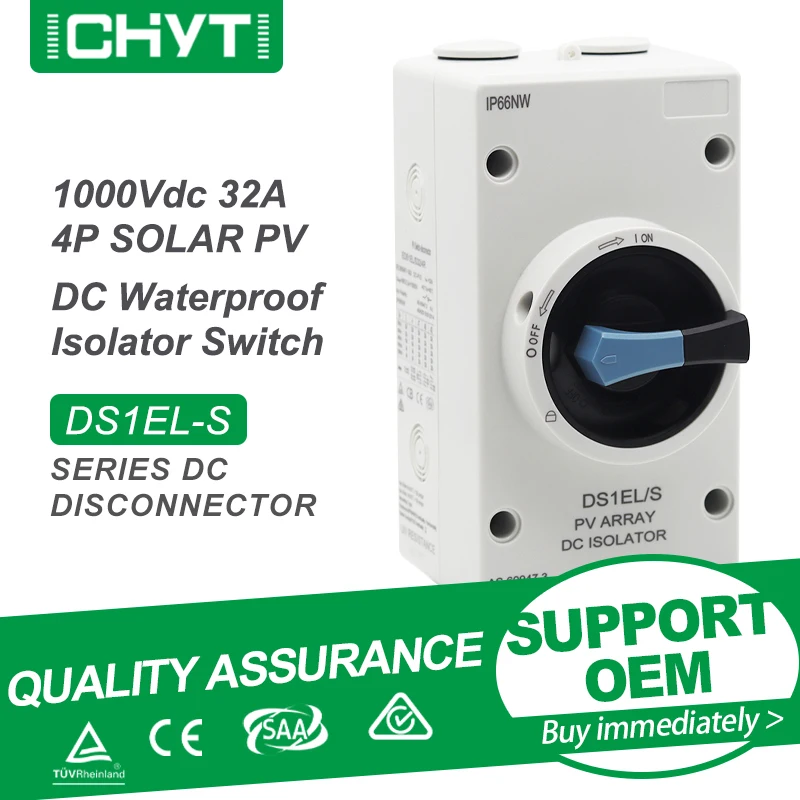 

Free Shipping CHYT DS1EL-S 4P PV DC 1000V 32A IP66 Waterproof Solar Rotating Handle Isolator Rotary Switch With TUV CE SAA RCM