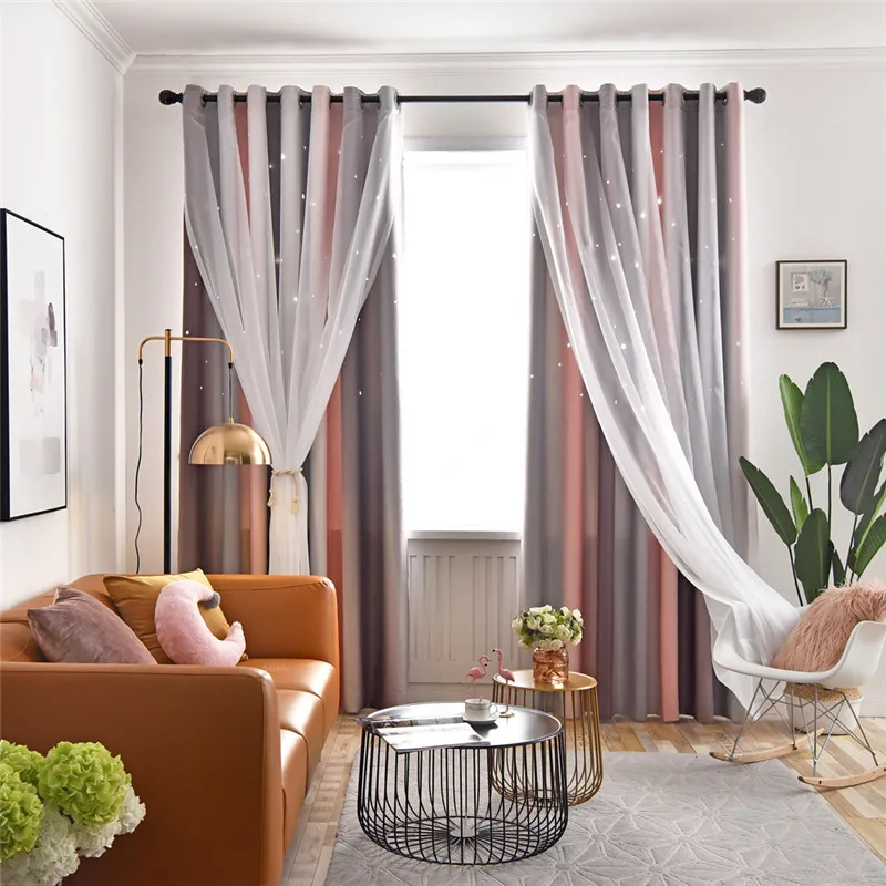 

Double Layer Blackout Curtains Star Cutout for Living Room Jinya Home Decor White Sheer Window Curtain Panels Baby's Bedroom Use