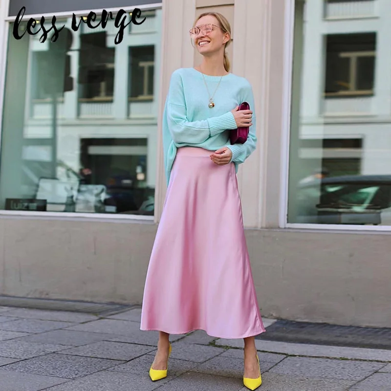 Lessverge высокая талия элегантные атласные длинные юбки для женщин трапециевидная