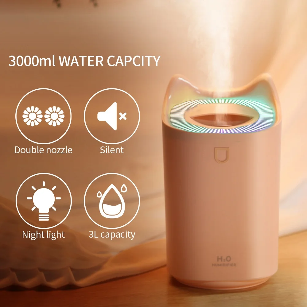 

Air Humidifier Home 3L Double Nozzle Cool Mist Aroma Diffuser With Coloful LED Light Heavy Fog Ultrasonic Air Mist Humidificador