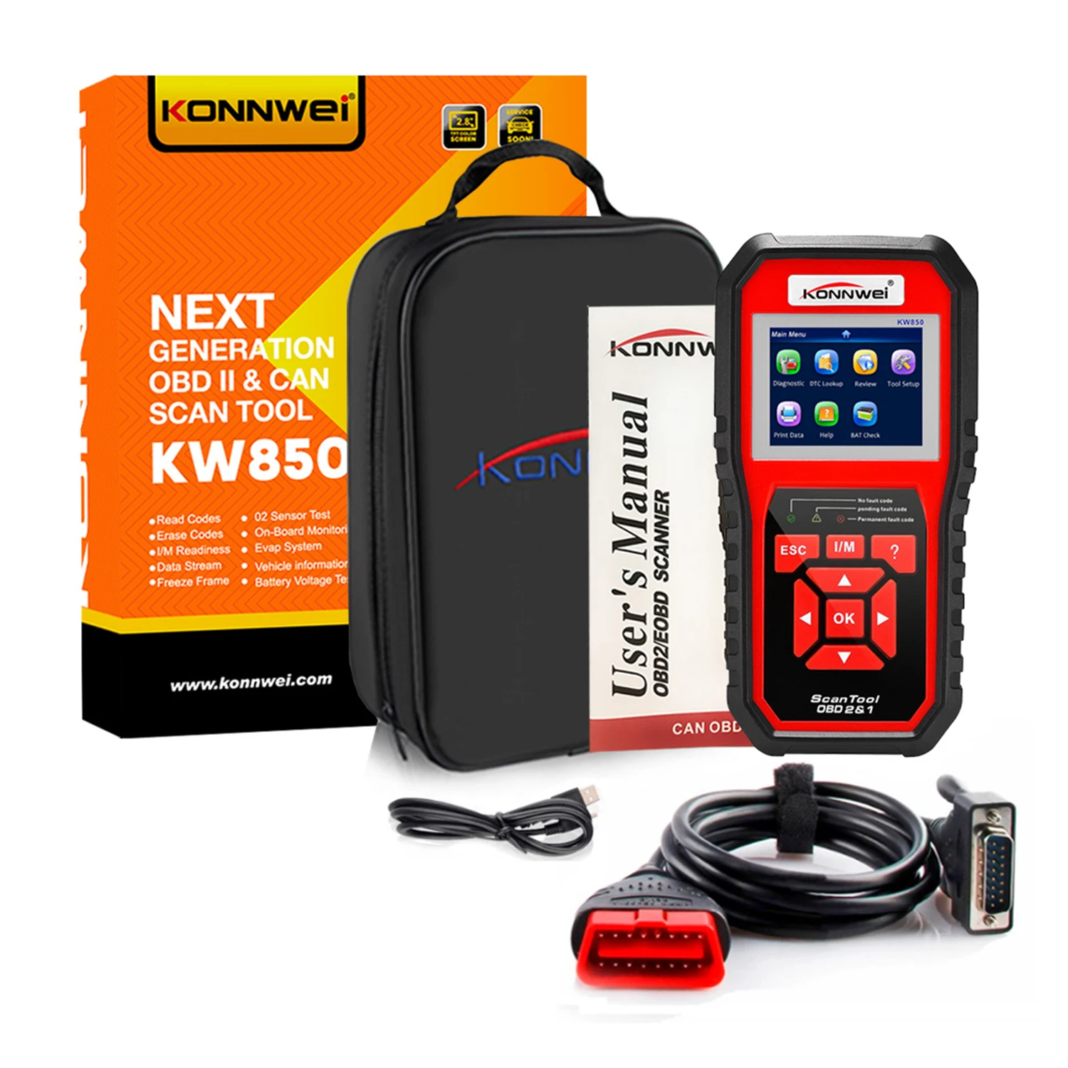 

KONNWEI KW850 OBD2 Professional Scanner Full OBDII Functions Engine Check/O2 sensor/Battery Test KW 850 Automotive Code Reader