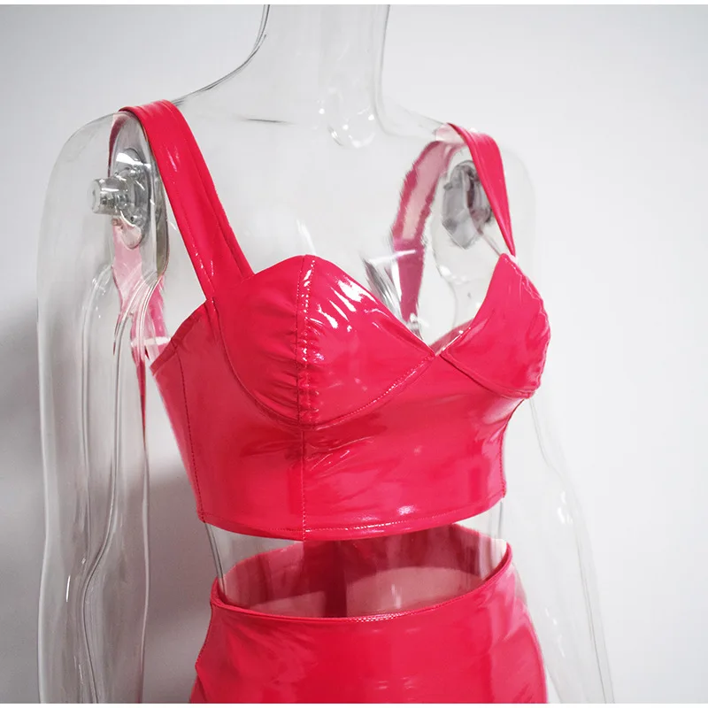 

Women New High Waist PU Leather Two 2 Piece Set Short Sling Vest Bodycon Skirt Suit Dress 2019 Club Outfits