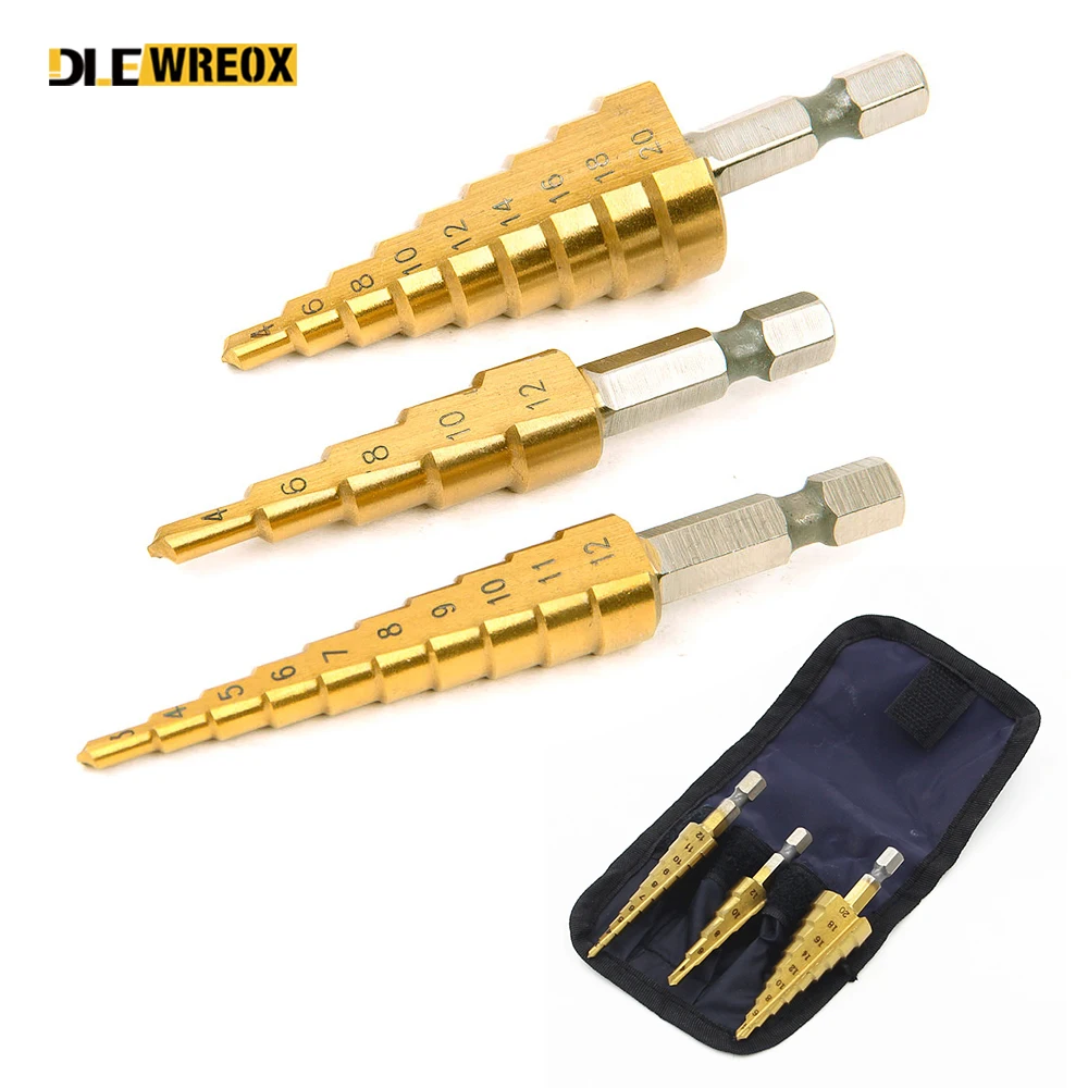

3pcs HSS Steel Titanium Step Drill Bits 3-12mm 4-12mm 4-20mm Step Cone Cutting Tool Woodworking Wood Metal Drilling Set With Bag