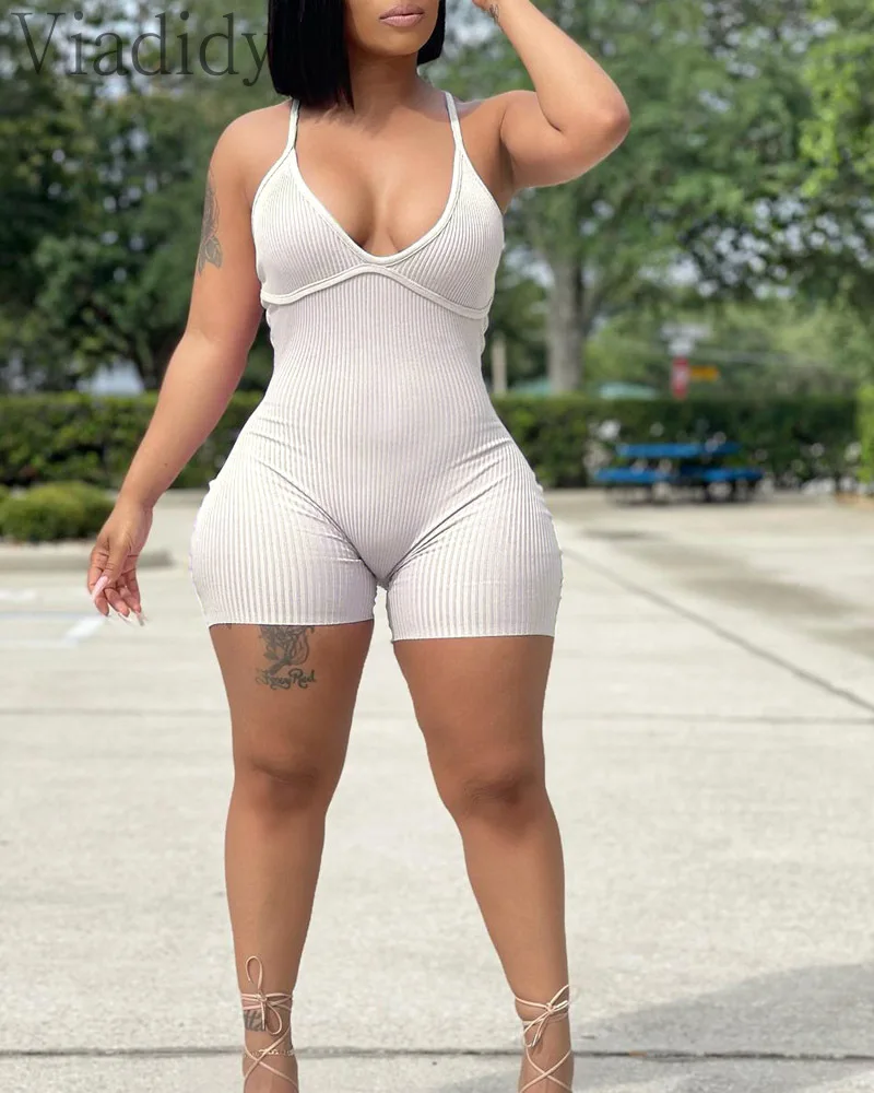 

Women Skinny Sleeveless Playsuit Solid Color V-Neck Spaghetti Strap Casual Sport Romper