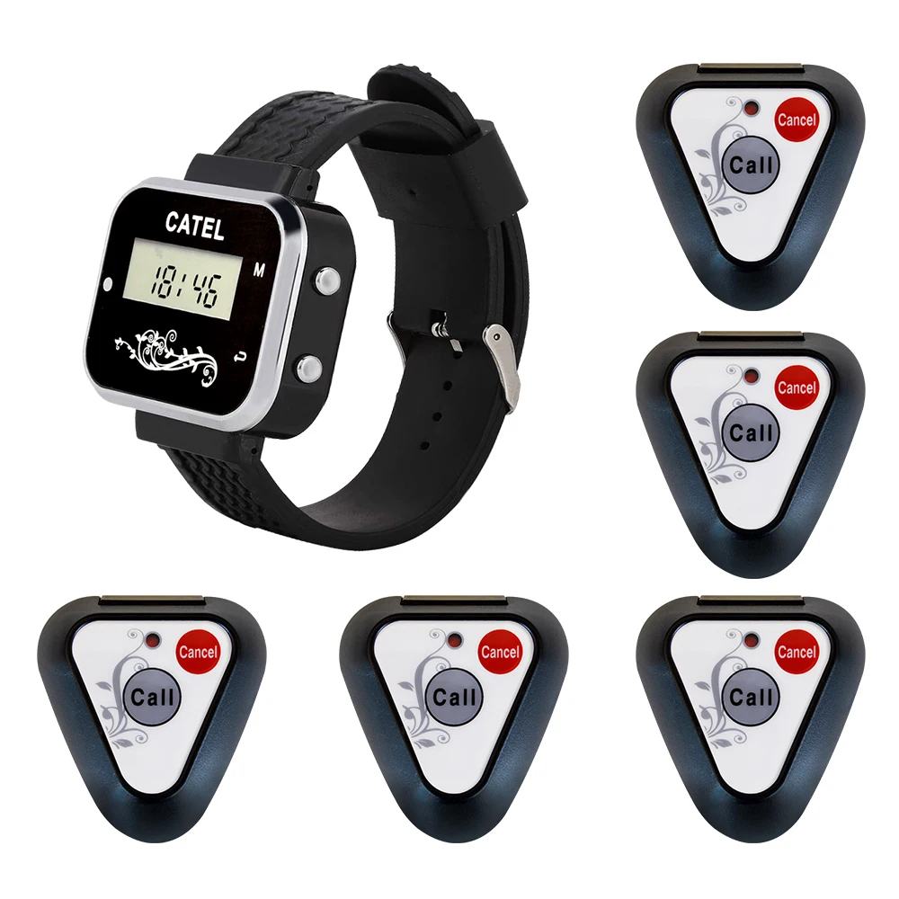 CATEL 1 Watch 5 Call Button Wireless Restaurant Calling System Transmitter Paging Pager Waiter Service Bell Buzzer
