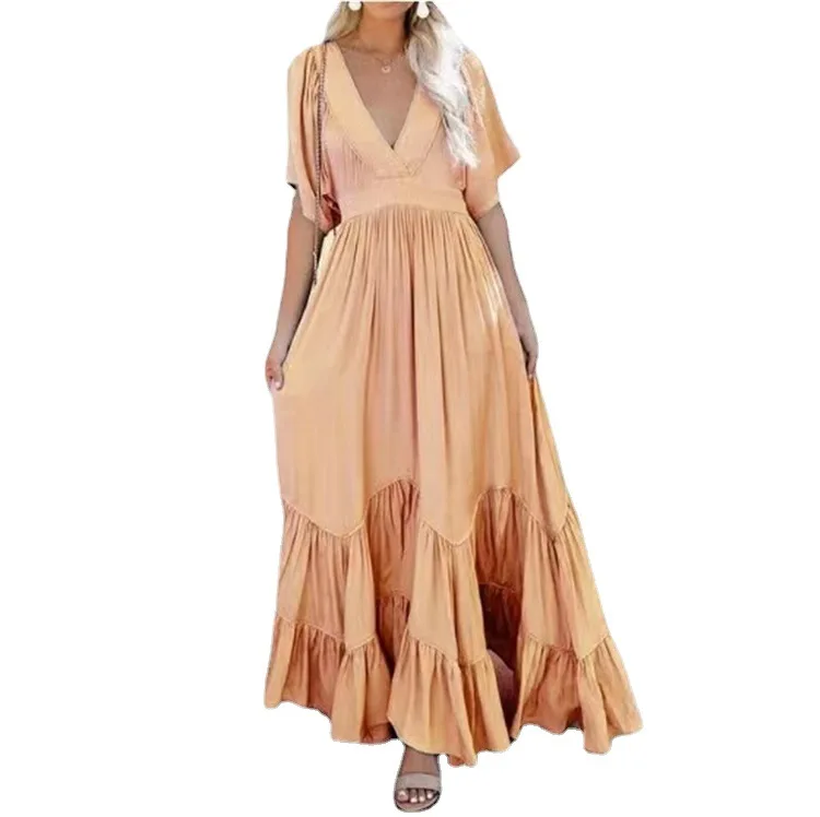 

Long Dress Fashion Elegant Women Summer Casual Office Loose Flouncing Solid Half Sleeve V Neck Plus Size Hem Vestidos