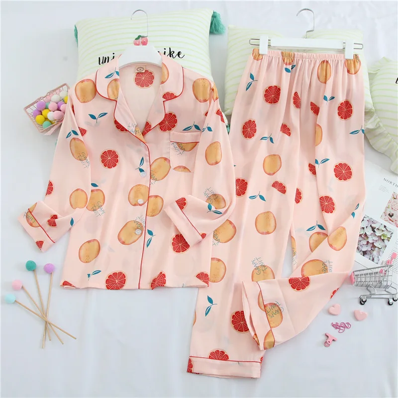 

Женский пижамный комплект из 2 предметов, домашняя одежда из искусственного шелка с милым принтом, пижамный комплект с длинными рукавами, од...