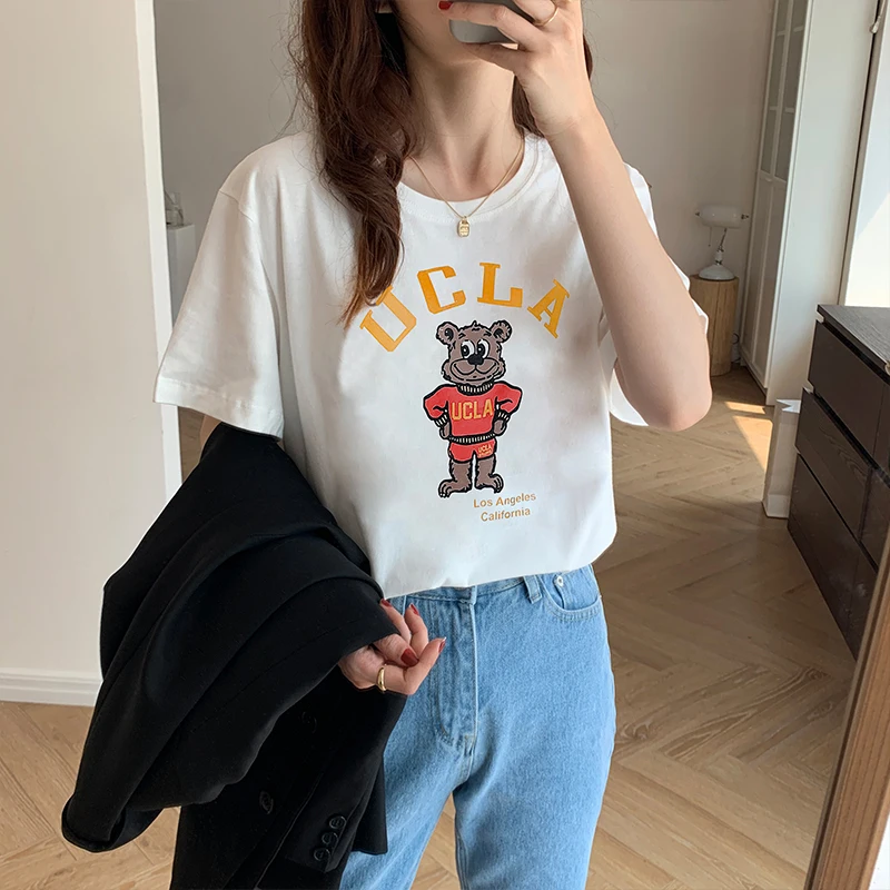 

To film in 2021, the new cartoon bear printing relaxed joker loose off round collar short sleeve T-shirt printing