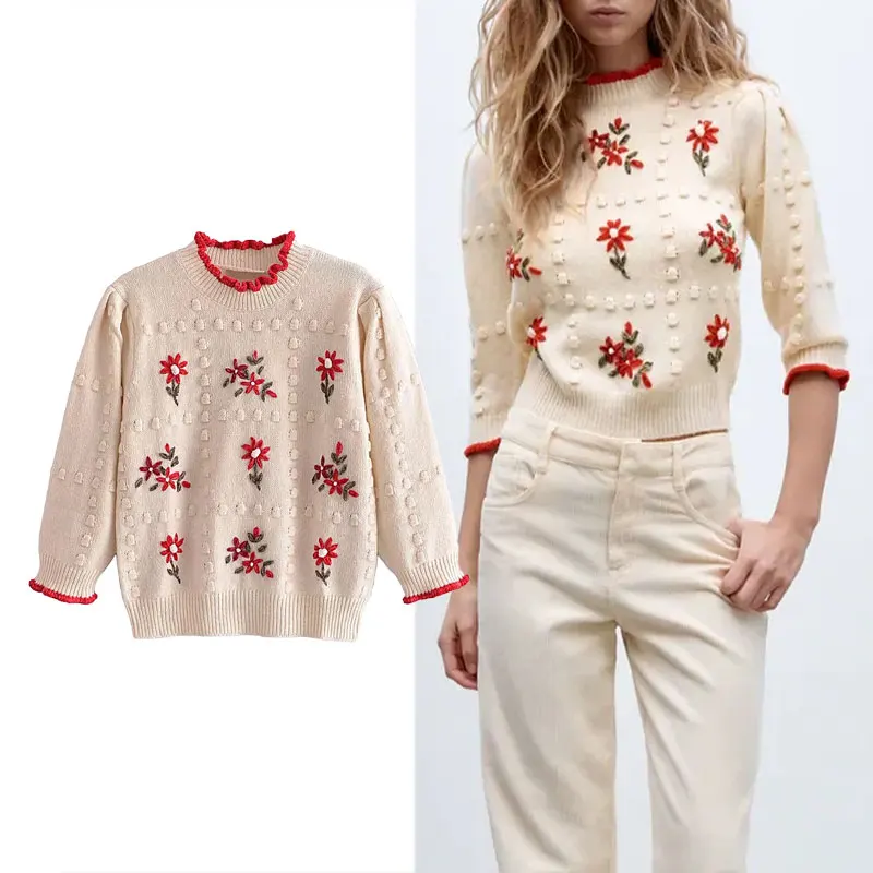 

Женский вязаный свитер с цветочной вышивкой Za, теплый пуловер с длинным рукавом, повседневный мягкий джемпер, топы, зима-весна 2022