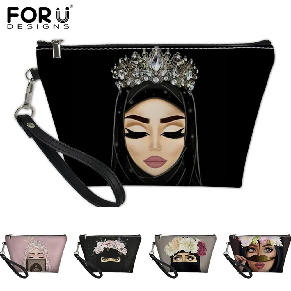 

FORUDESIGNS PU Women Makeup Bags Hijab Face Muslim Islamic Gril Eyes Print Laides Travel Cosmetic Bag Pouch Cases Neceser Mujer