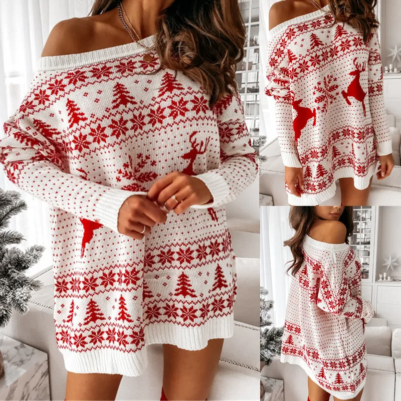 

y2k Women Christmas Snowflake Fawn Print Sweater Jacquard Knitted Loose Fit Long Sleeve O-neck Dress Autumn Winter Streetwear