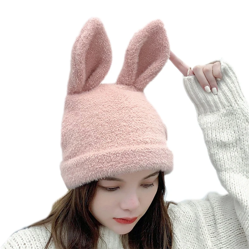 

Women Winter Knit Beanie Hat Cute Rabbit Bunny Ears Solid Color Outdoor Stretchy Ski Skullies Cap Ear Warmer Photo Props