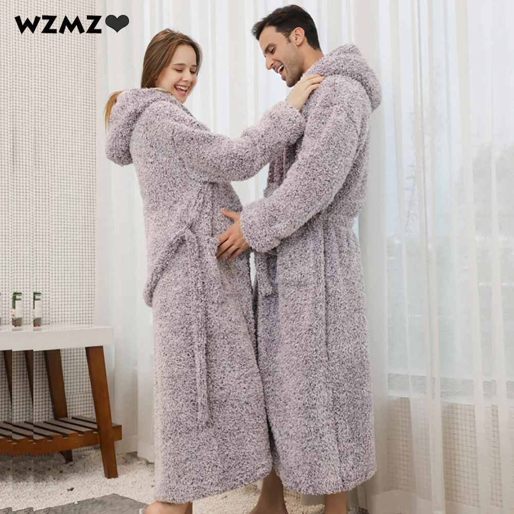 Winter Warm Flannel Buttons Bathrobe Female Hooded Loose Lengthen Thicken Solid Robes For Pregnant Woman Couples Night Dress 3XL