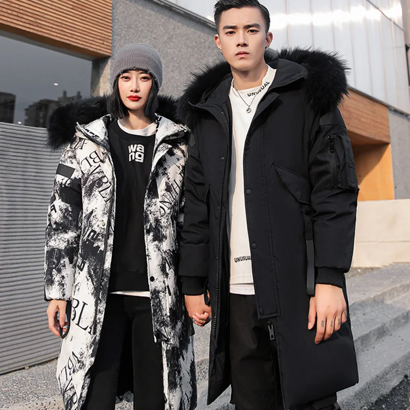 -30 Degrees Winter Fashion Thicken Long Down Jacket Men And Women Hooded Warm Parka 90% White Duck Down Fur Collar Male Coat